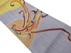 リサイクル　手織り紬抽象孔雀模様刺繍袋帯